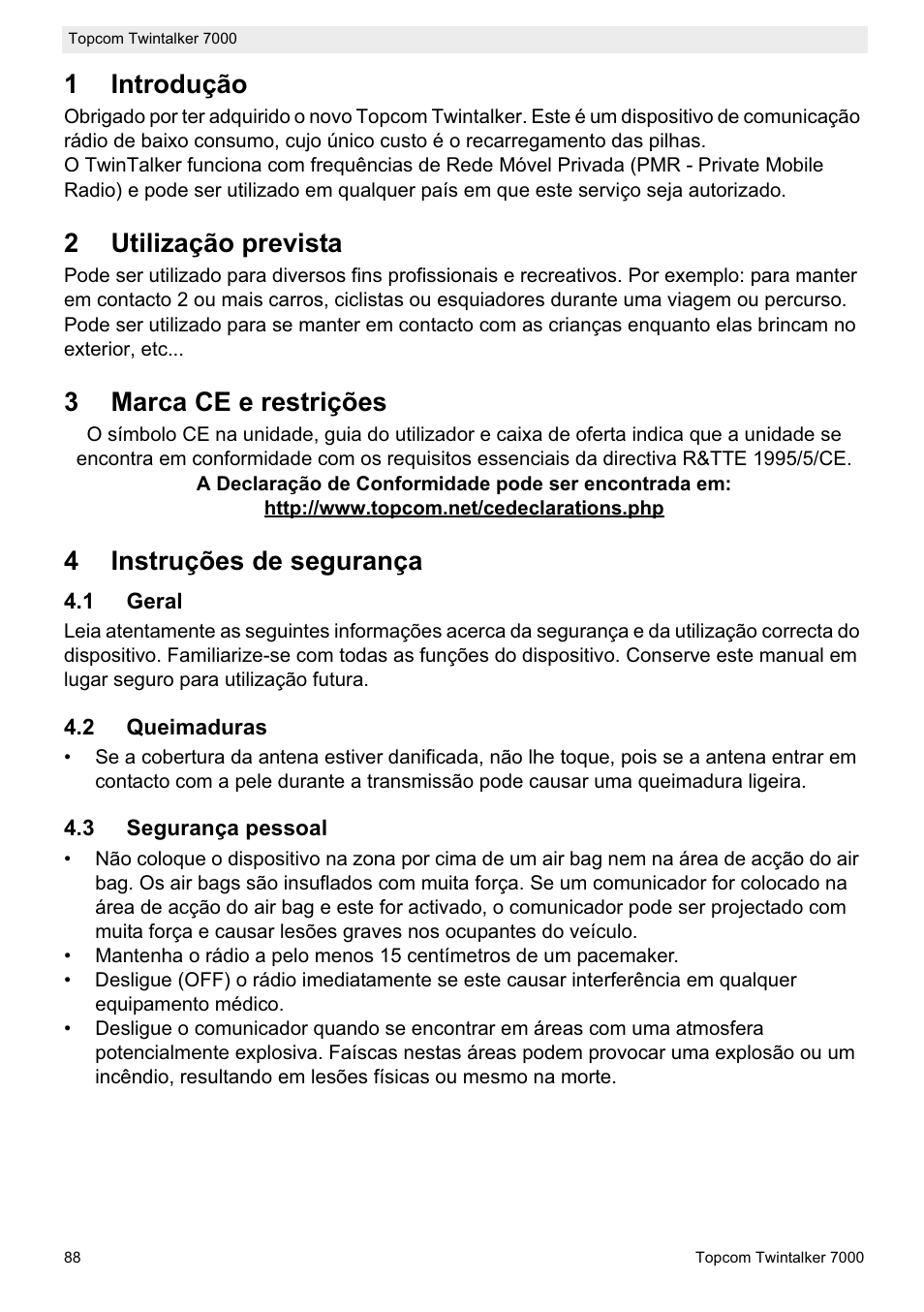 1introdução, 2utilização prevista, 3marca ce e restrições | 4instruções de segurança | Topcom TWINTALKER 7000 User Manual | Page 88 / 148