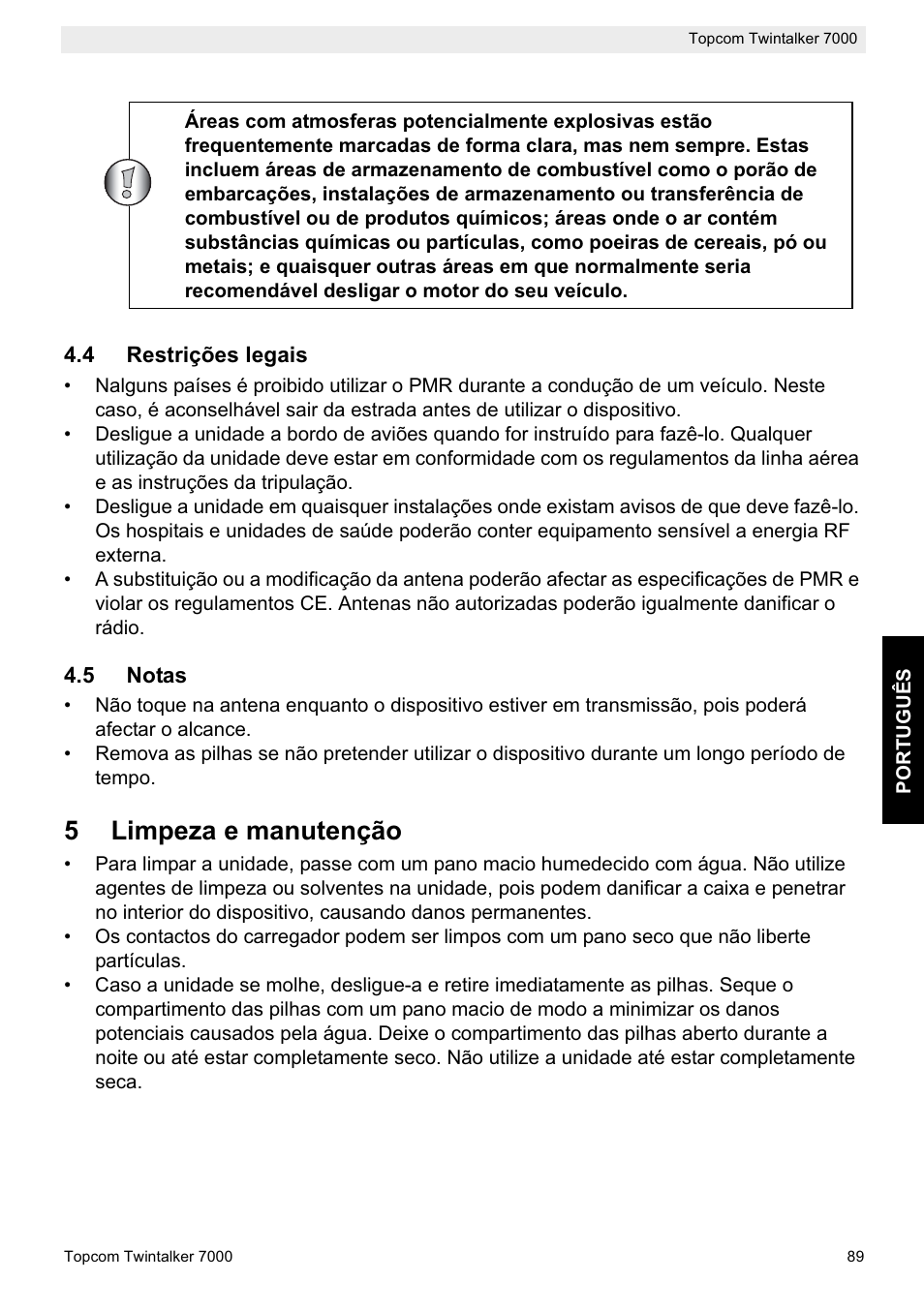 5limpeza e manutenção | Topcom TWINTALKER 7000 User Manual | Page 89 / 148