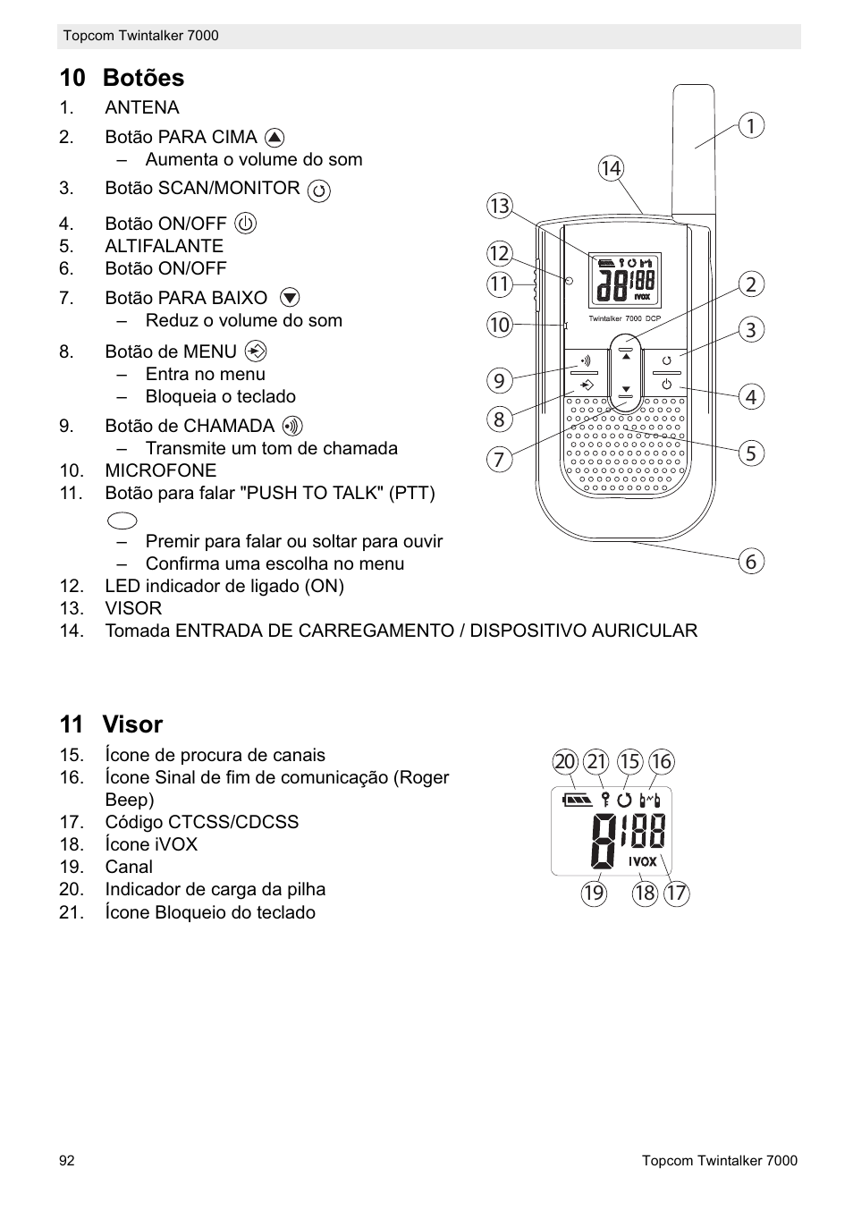 10 botões, 11 visor | Topcom TWINTALKER 7000 User Manual | Page 92 / 148