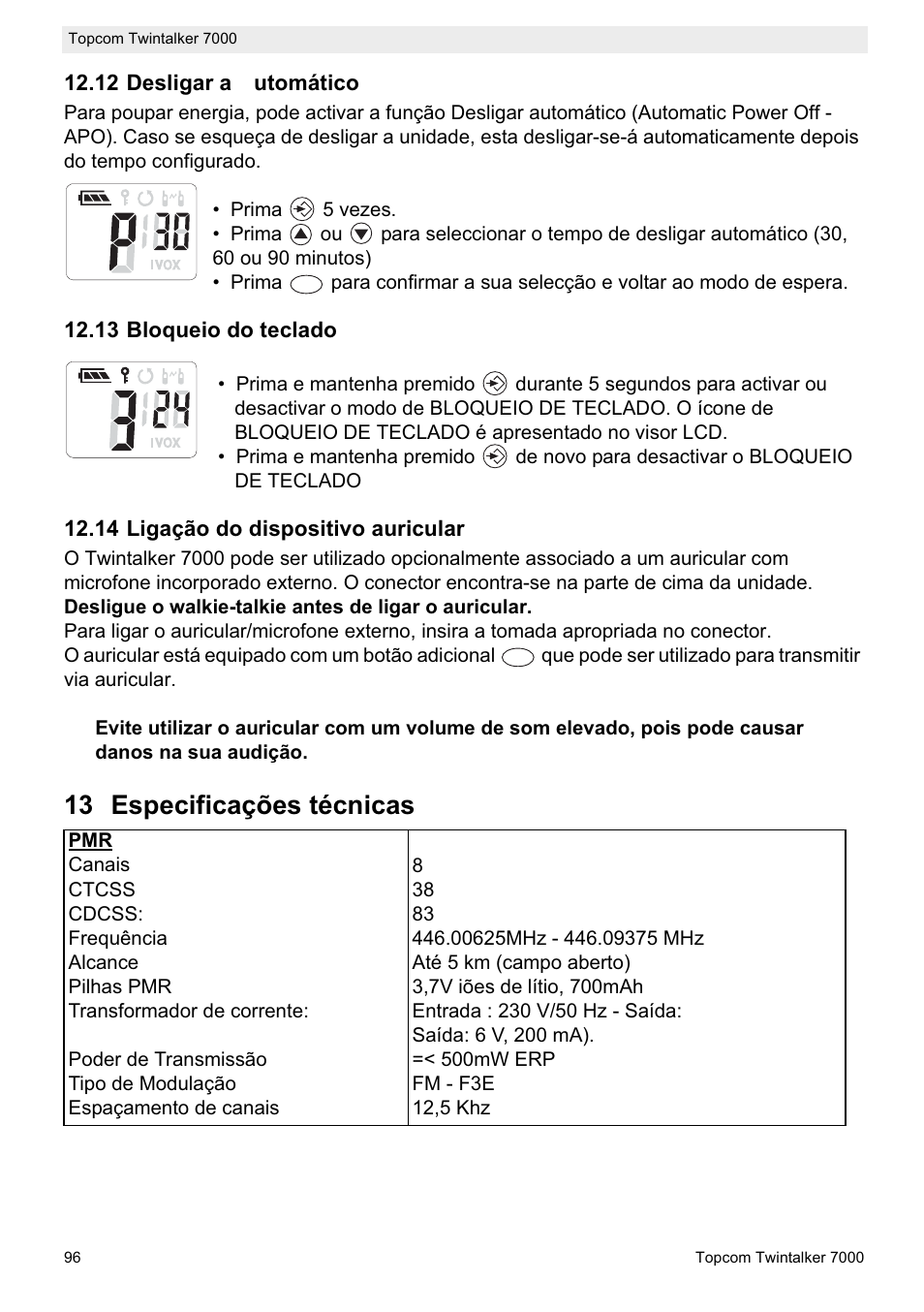 13 especificações técnicas | Topcom TWINTALKER 7000 User Manual | Page 96 / 148