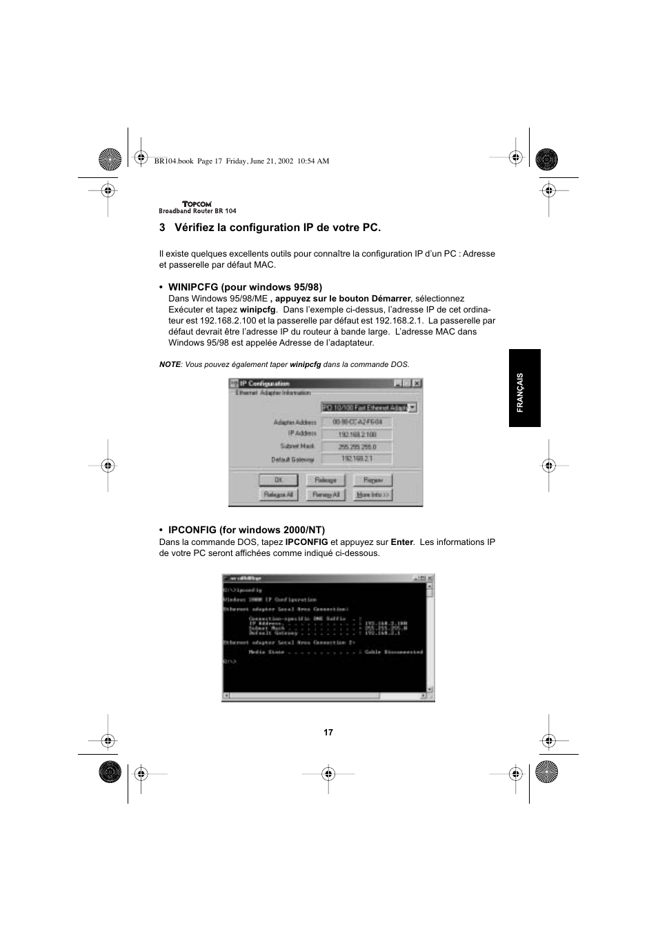 3 vérifiez la configuration ip de votre pc | Topcom BR 104 User Manual | Page 17 / 45