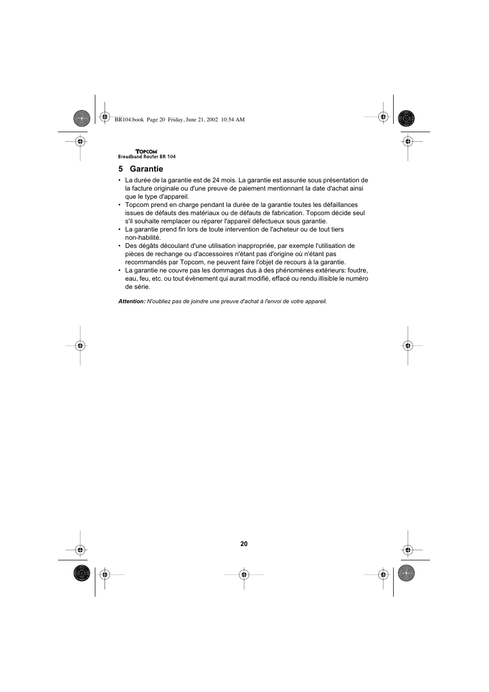 5 garantie | Topcom BR 104 User Manual | Page 20 / 45
