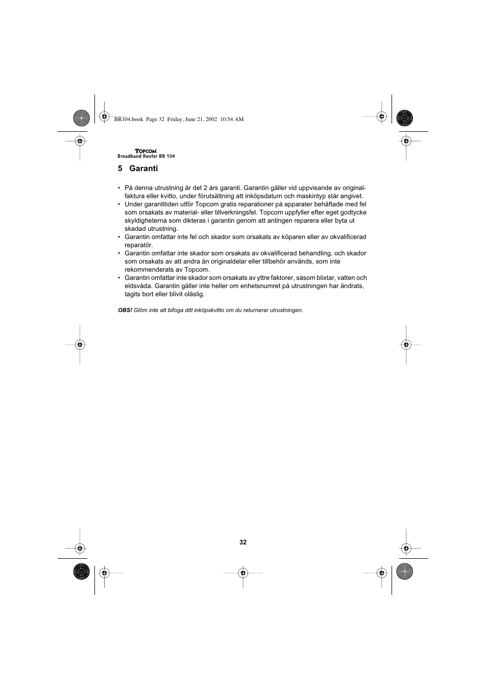 5 garanti | Topcom BR 104 User Manual | Page 32 / 45