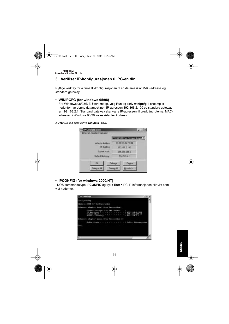 3 verifiser ip-konfigurasjonen til pc-en din | Topcom BR 104 User Manual | Page 41 / 45