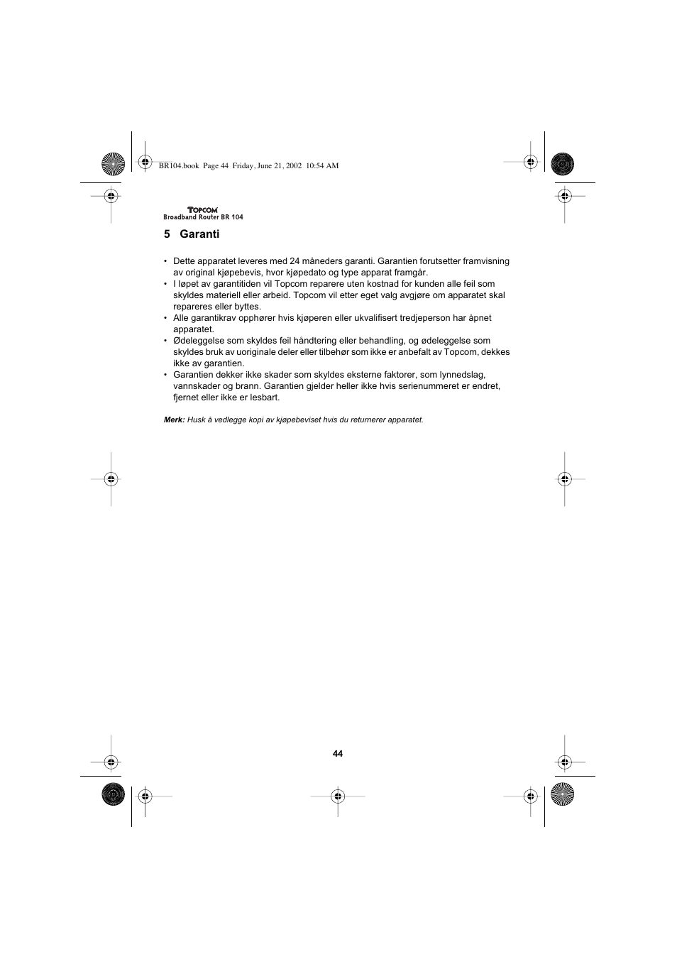 5 garanti | Topcom BR 104 User Manual | Page 44 / 45