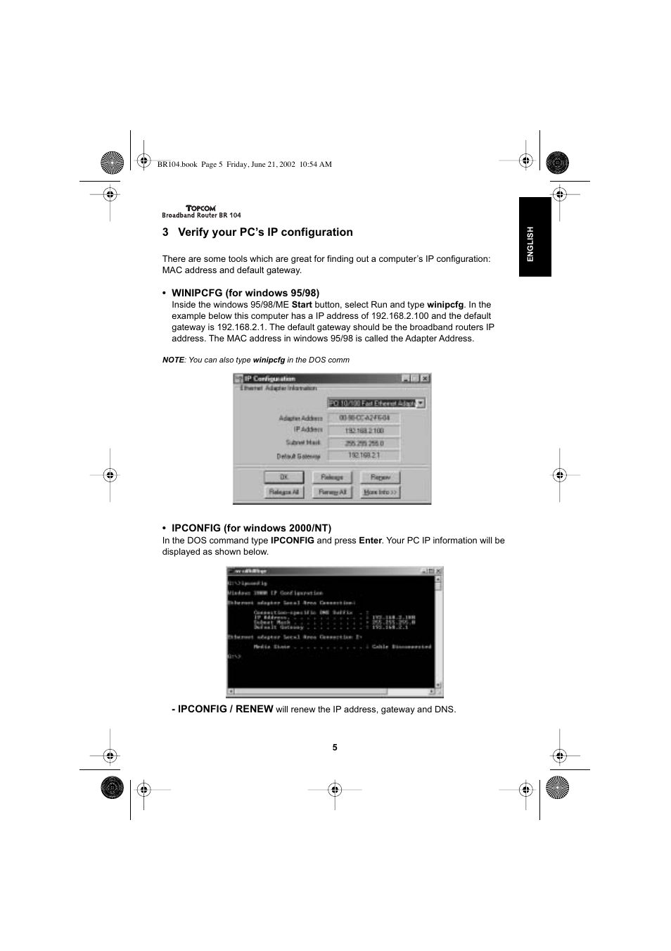 3 verify your pc’s ip configuration | Topcom BR 104 User Manual | Page 5 / 45