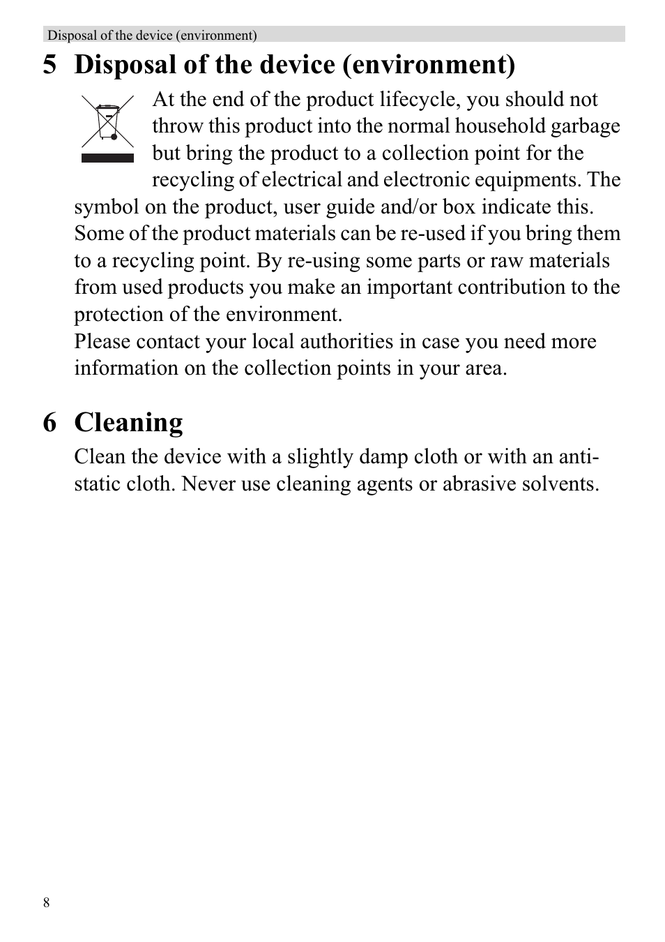 5 disposal of the device (environment), 6 cleaning | Topcom ATA 1110 User Manual | Page 10 / 40