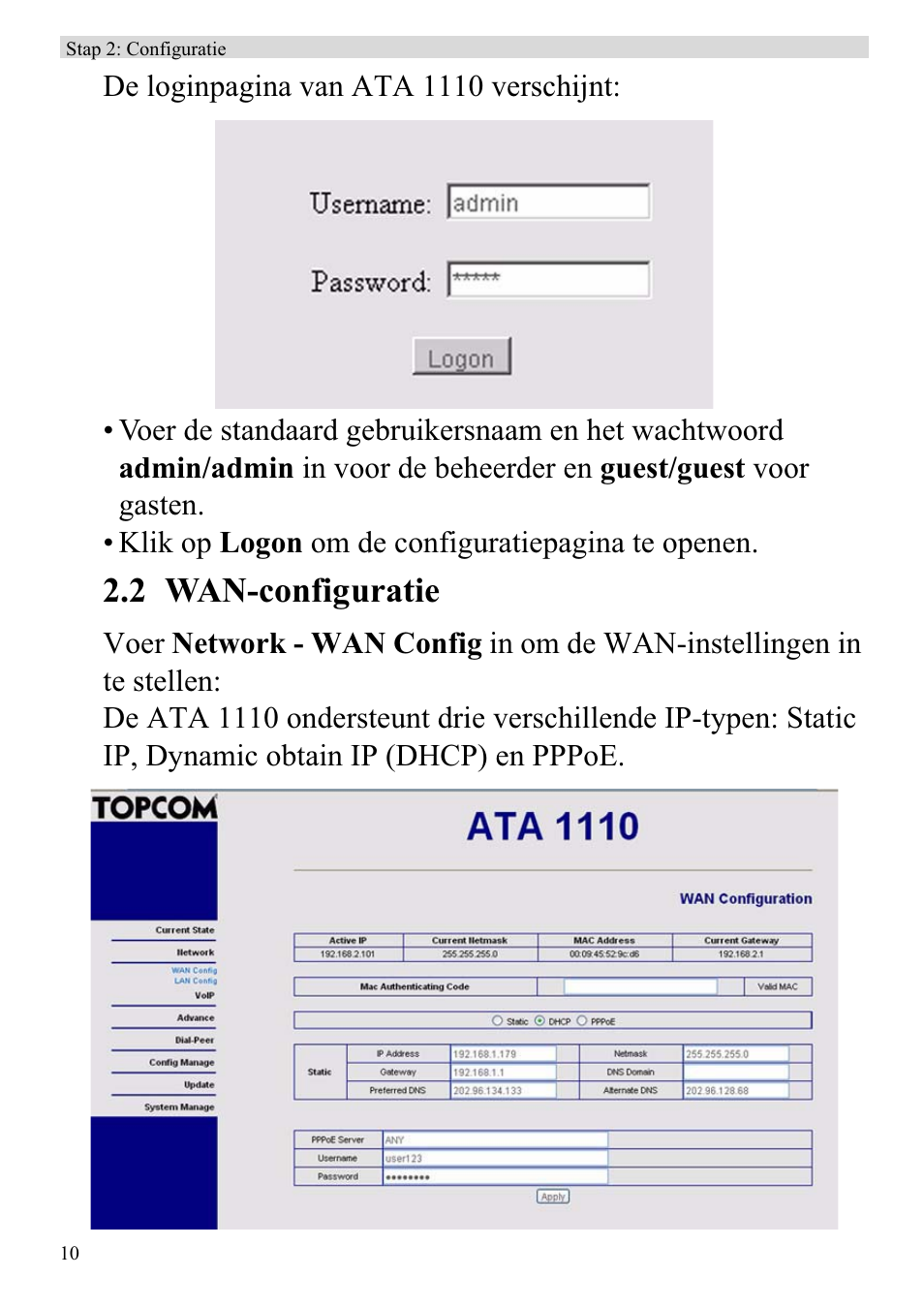 2 wan-configuratie | Topcom ATA 1110 User Manual | Page 12 / 40