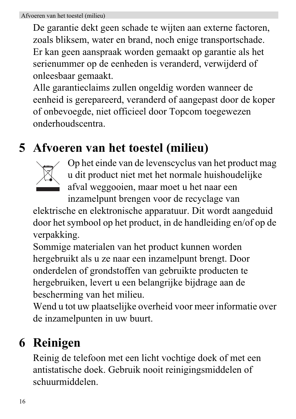 5 afvoeren van het toestel (milieu), 6 reinigen | Topcom ATA 1110 User Manual | Page 18 / 40