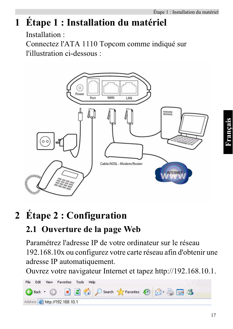 1 étape 1 : installation du matériel, 2 étape 2 : configuration, 1 ouverture de la page web | Topcom ATA 1110 User Manual | Page 19 / 40