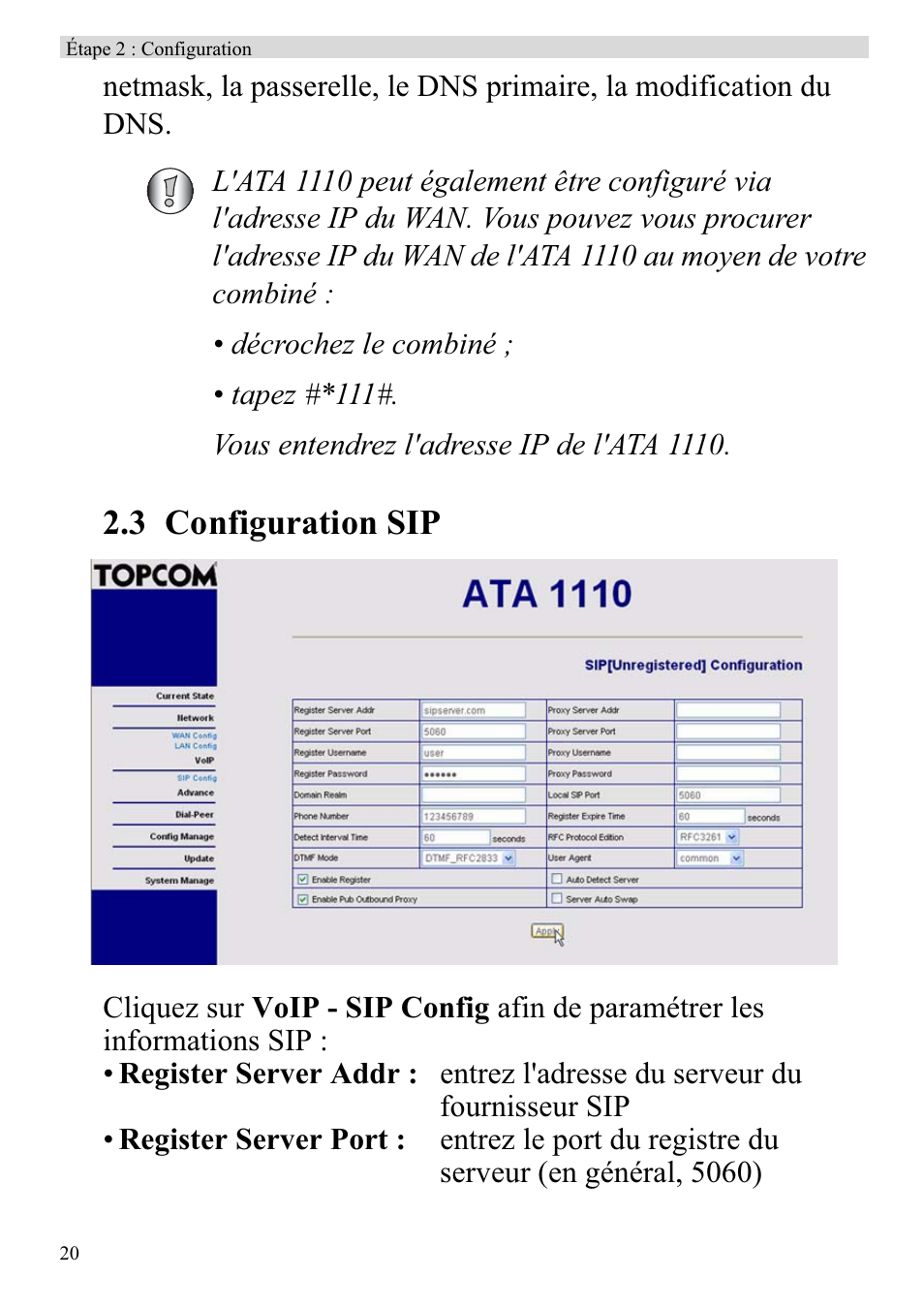 3 configuration sip | Topcom ATA 1110 User Manual | Page 22 / 40