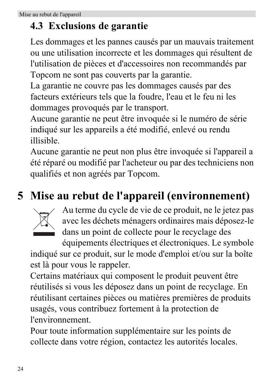 5 mise au rebut de l'appareil (environnement), 3 exclusions de garantie | Topcom ATA 1110 User Manual | Page 26 / 40