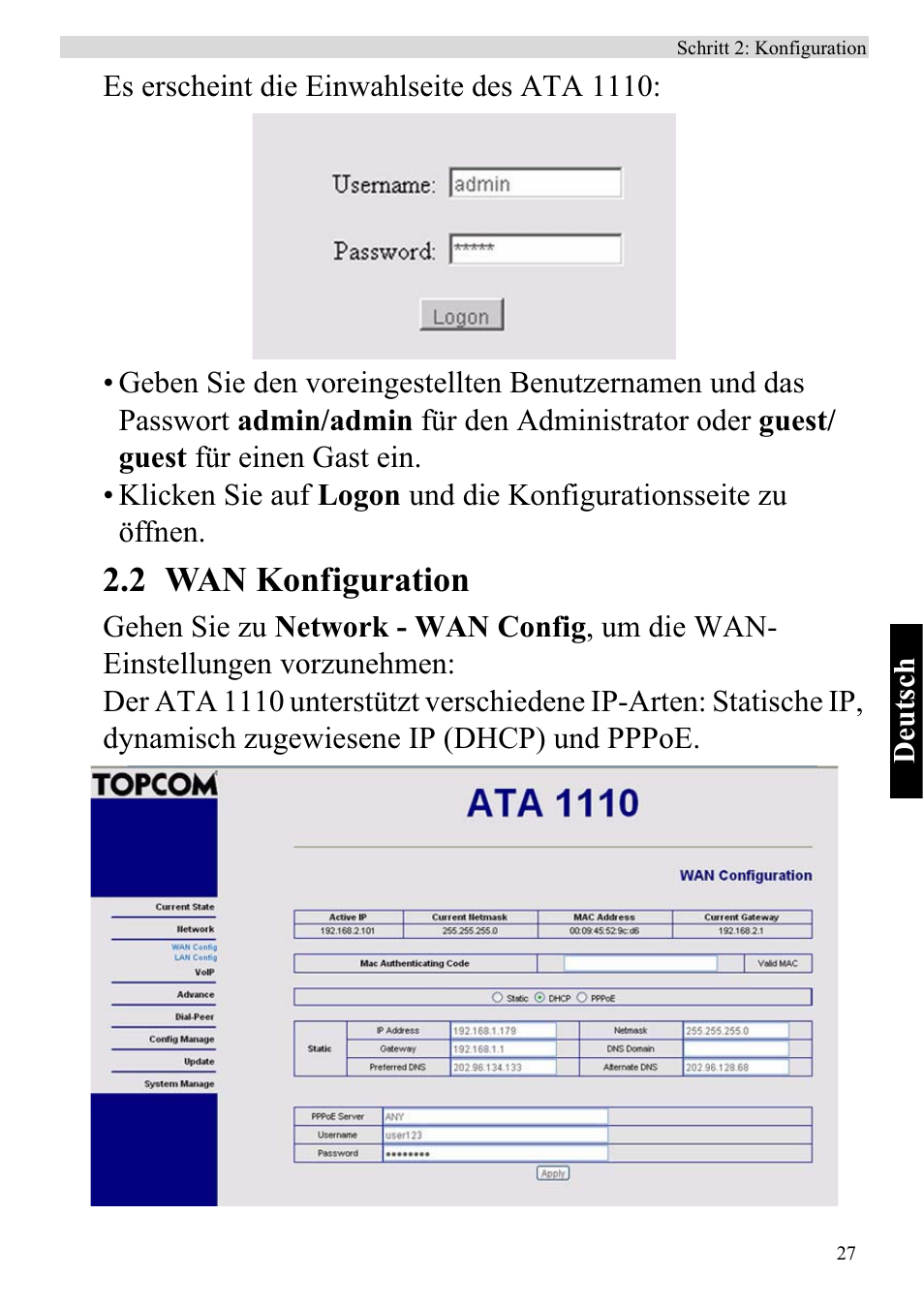 2 wan konfiguration | Topcom ATA 1110 User Manual | Page 29 / 40