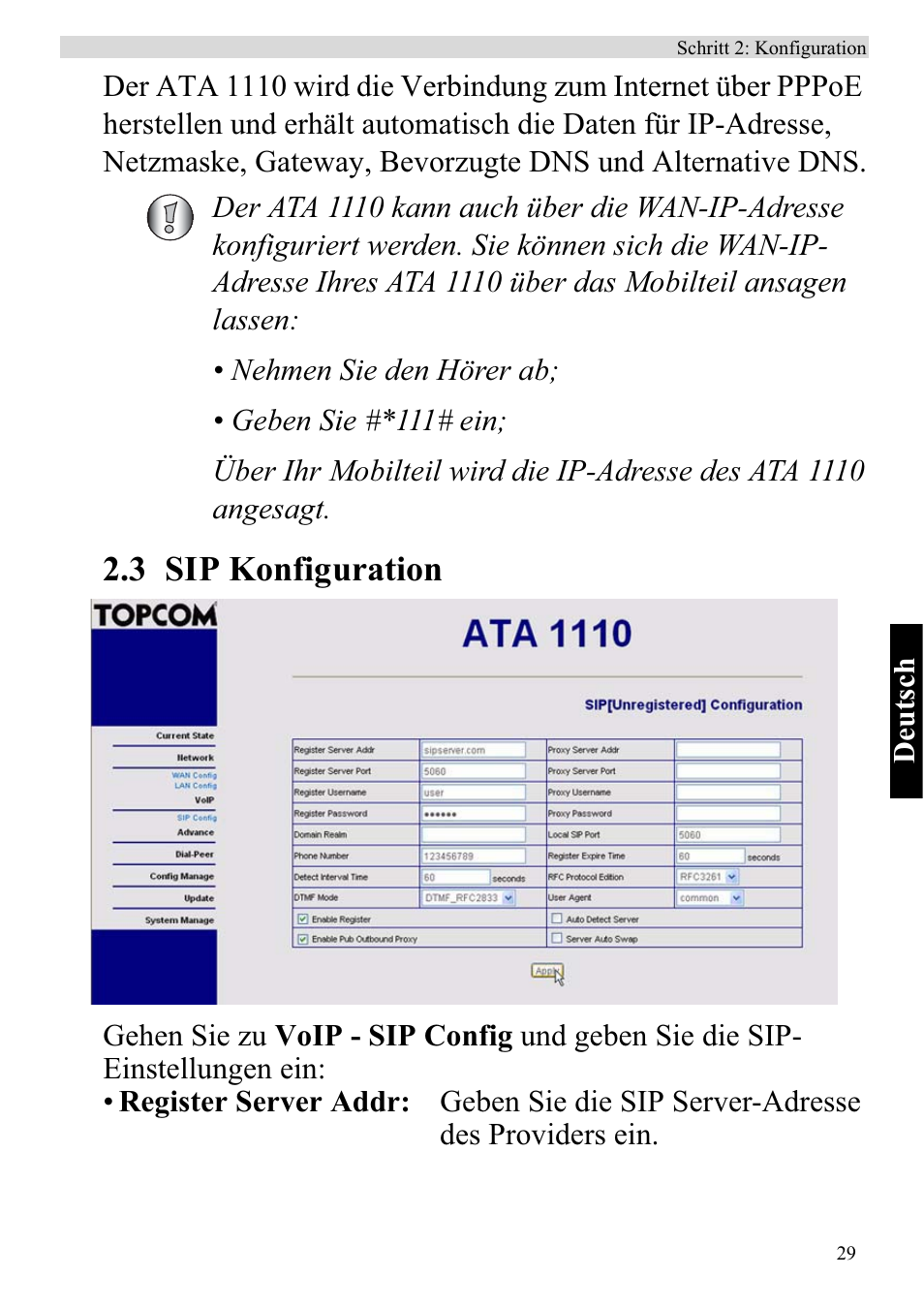 3 sip konfiguration | Topcom ATA 1110 User Manual | Page 31 / 40