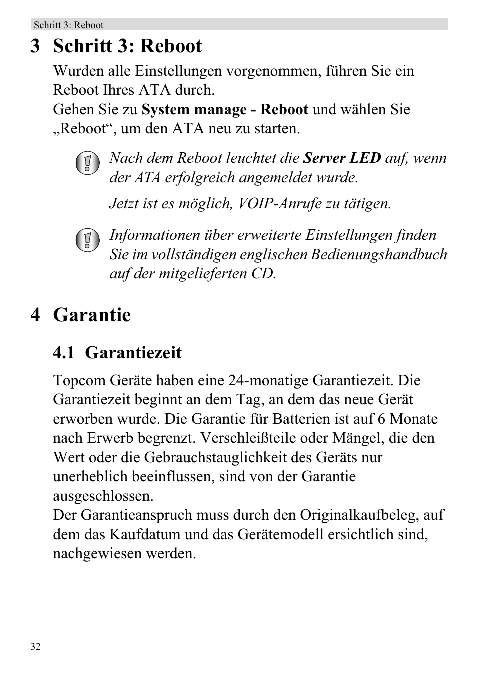 3 schritt 3: reboot, 4 garantie, 1 garantiezeit | Topcom ATA 1110 User Manual | Page 34 / 40