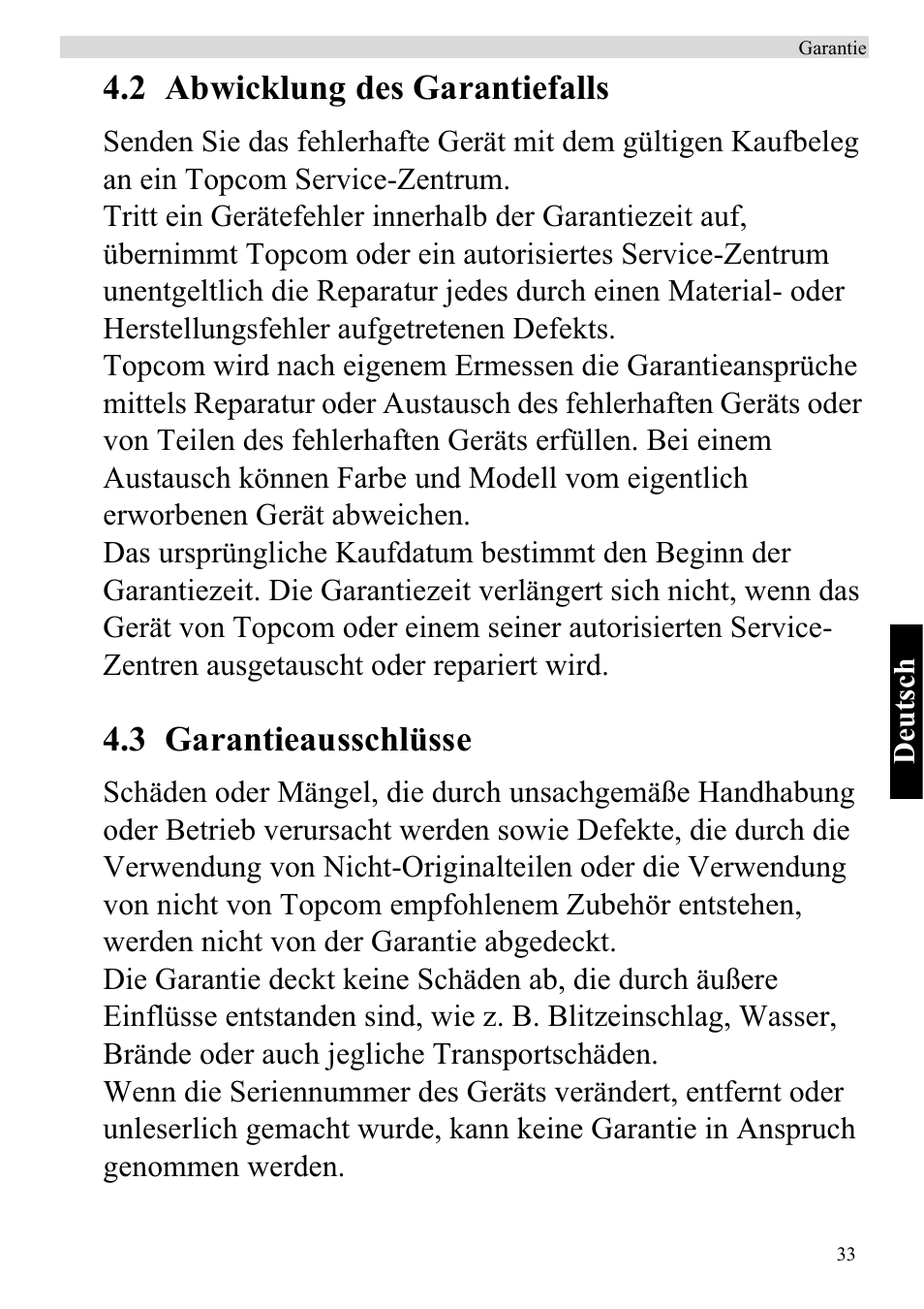 2 abwicklung des garantiefalls, 3 garantieausschlüsse | Topcom ATA 1110 User Manual | Page 35 / 40