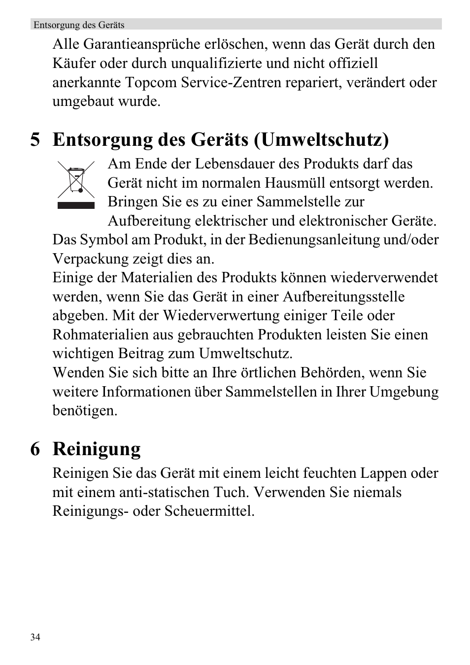 5 entsorgung des geräts (umweltschutz), 6 reinigung | Topcom ATA 1110 User Manual | Page 36 / 40