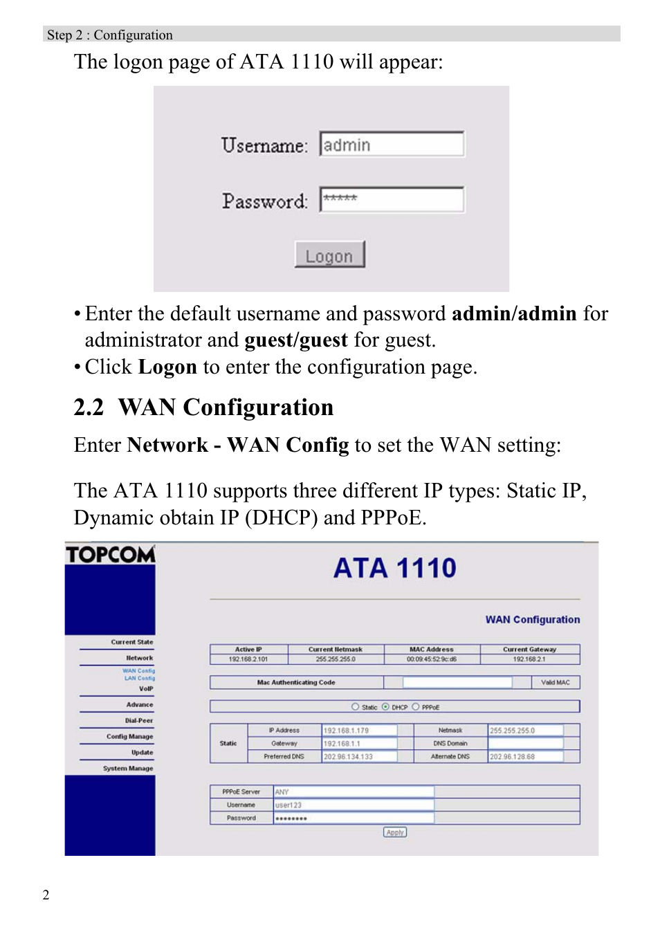 2 wan configuration | Topcom ATA 1110 User Manual | Page 4 / 40