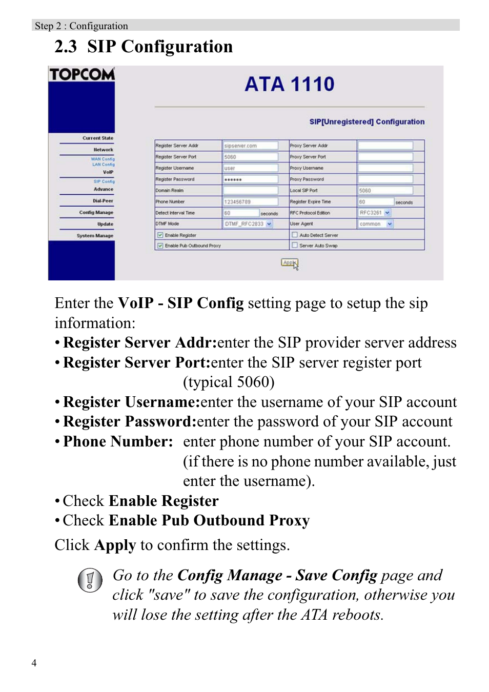 3 sip configuration | Topcom ATA 1110 User Manual | Page 6 / 40