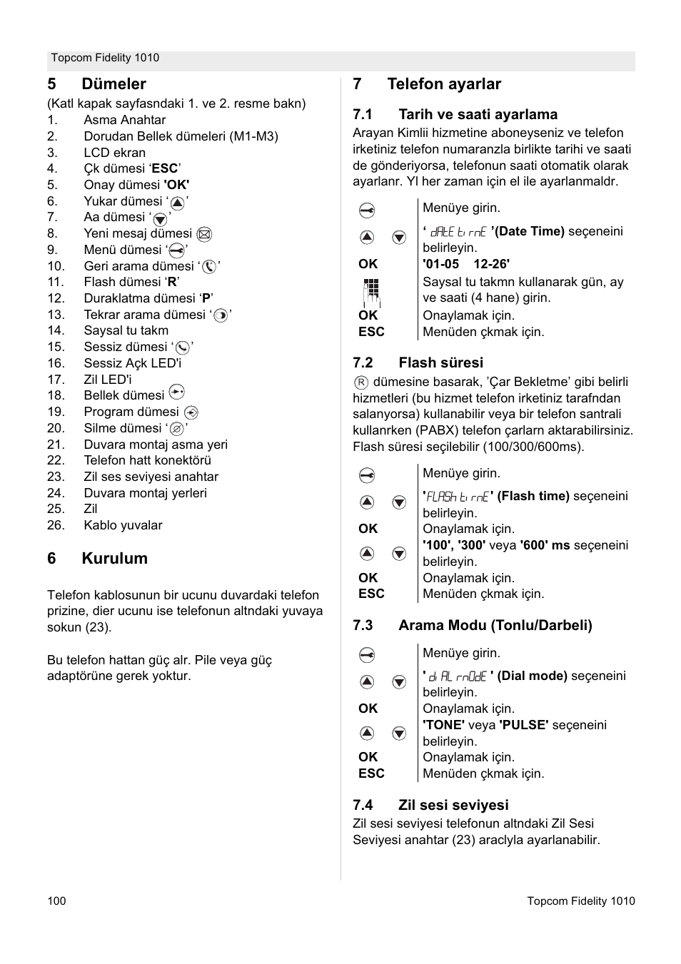 5dümeler, 6kurulum, 7telefon ayarlar | Topcom FIDELITY 1010 User Manual | Page 100 / 108