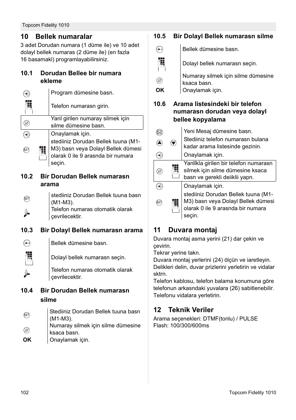 10 bellek numaralar, 11 duvara montaj, 12 teknik veriler | Topcom FIDELITY 1010 User Manual | Page 102 / 108