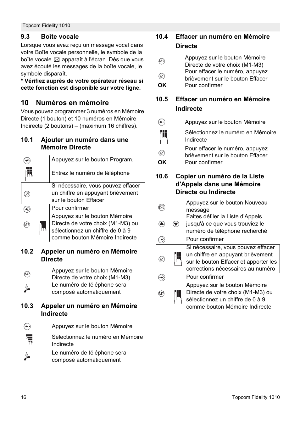 10 numéros en mémoire | Topcom FIDELITY 1010 User Manual | Page 16 / 108