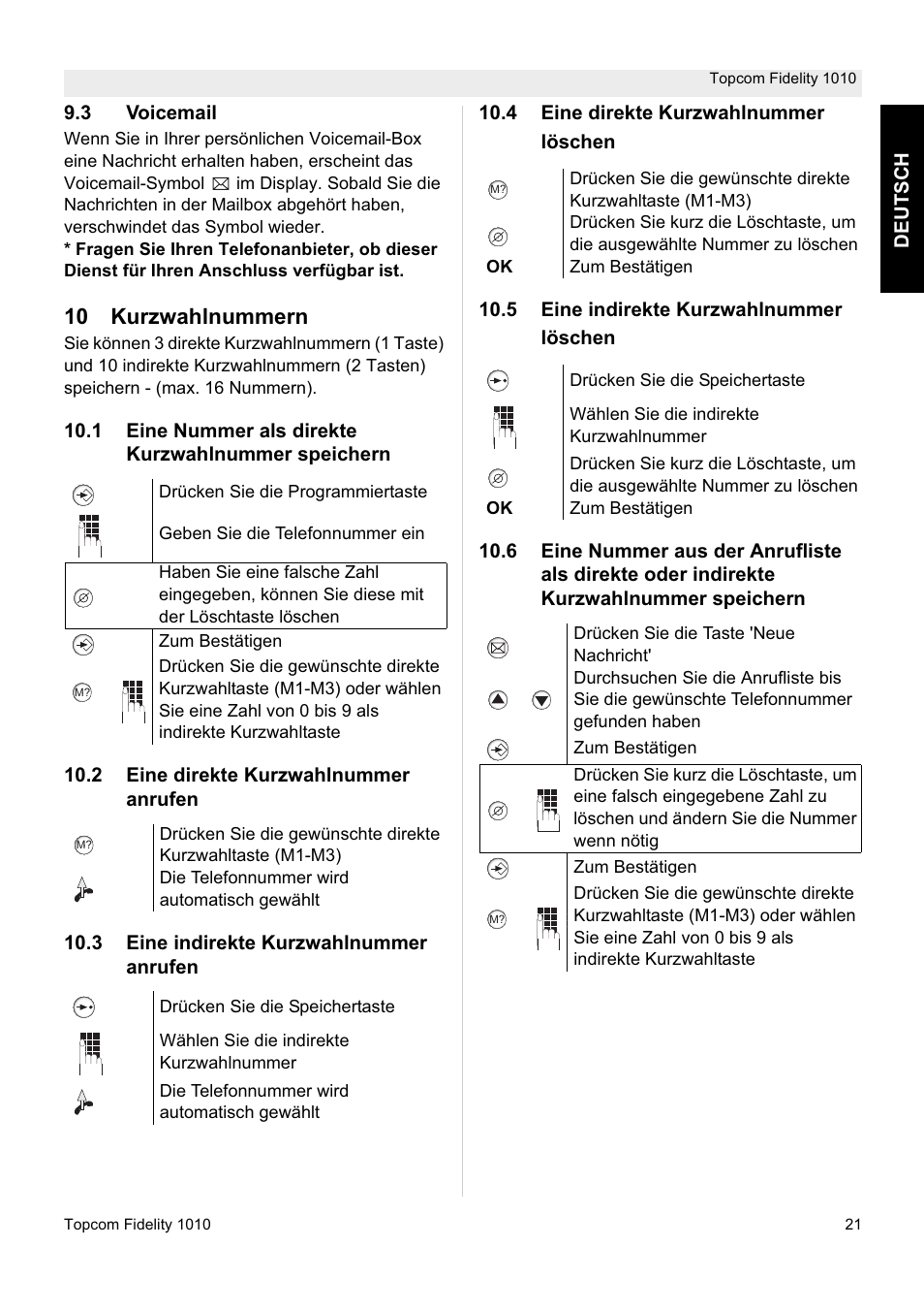 10 kurzwahlnummern | Topcom FIDELITY 1010 User Manual | Page 21 / 108