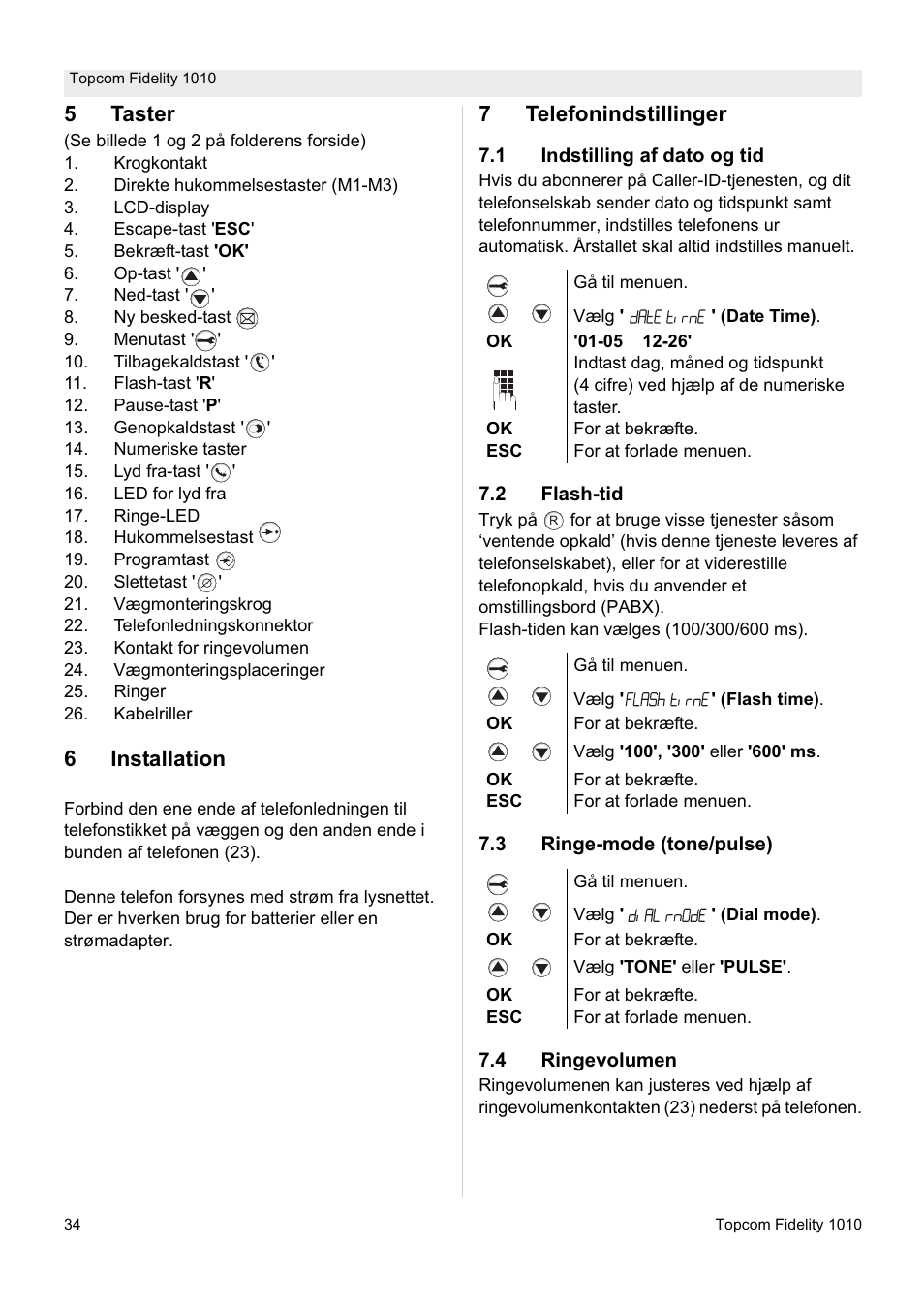 5taster, 6installation, 7telefonindstillinger | Topcom FIDELITY 1010 User Manual | Page 34 / 108