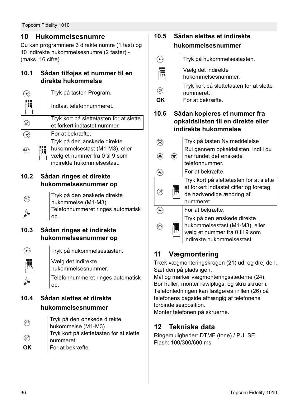 10 hukommelsesnumre, 11 vægmontering, 12 tekniske data | Topcom FIDELITY 1010 User Manual | Page 36 / 108