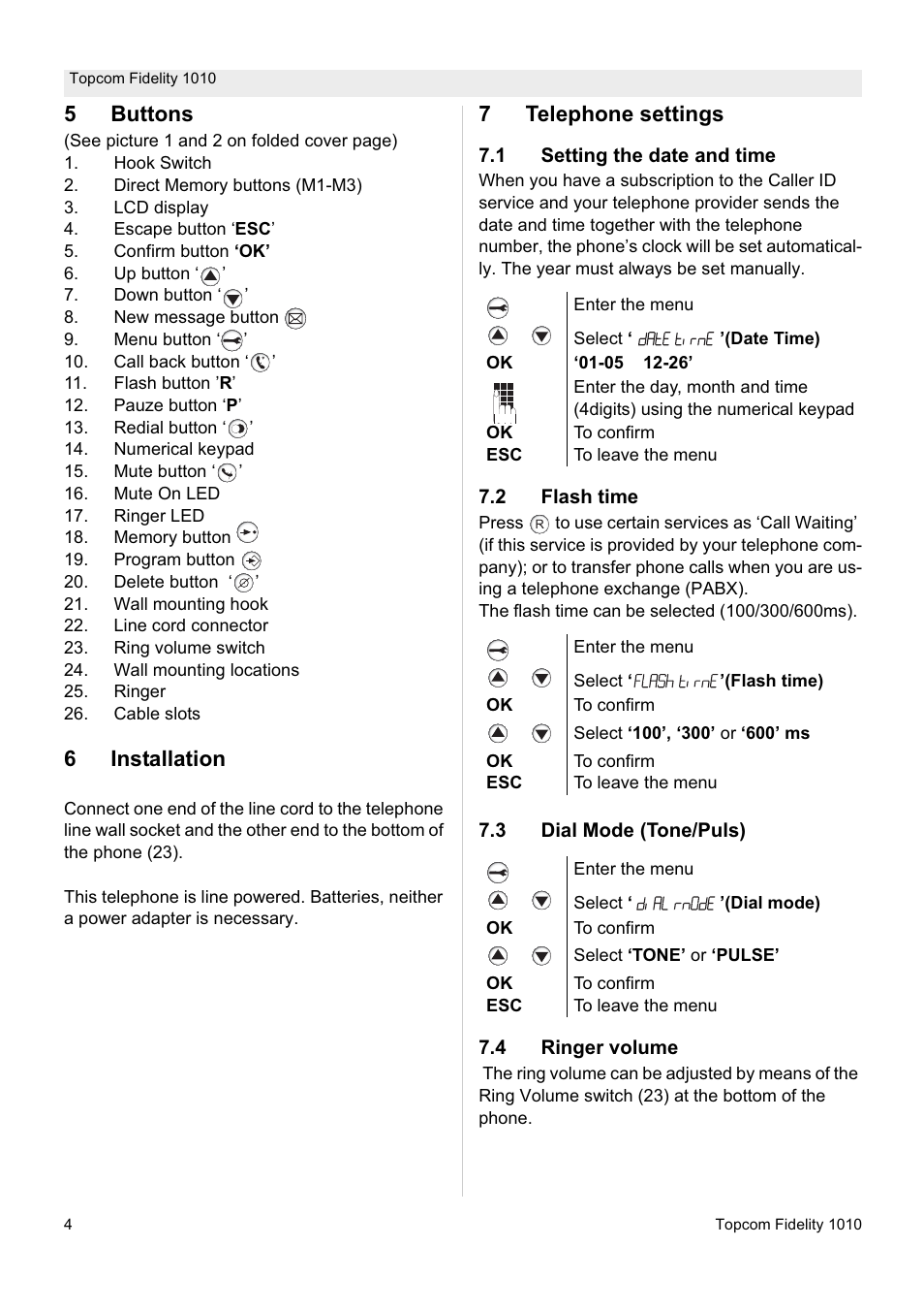 5buttons, 6installation, 7telephone settings | Topcom FIDELITY 1010 User Manual | Page 4 / 108