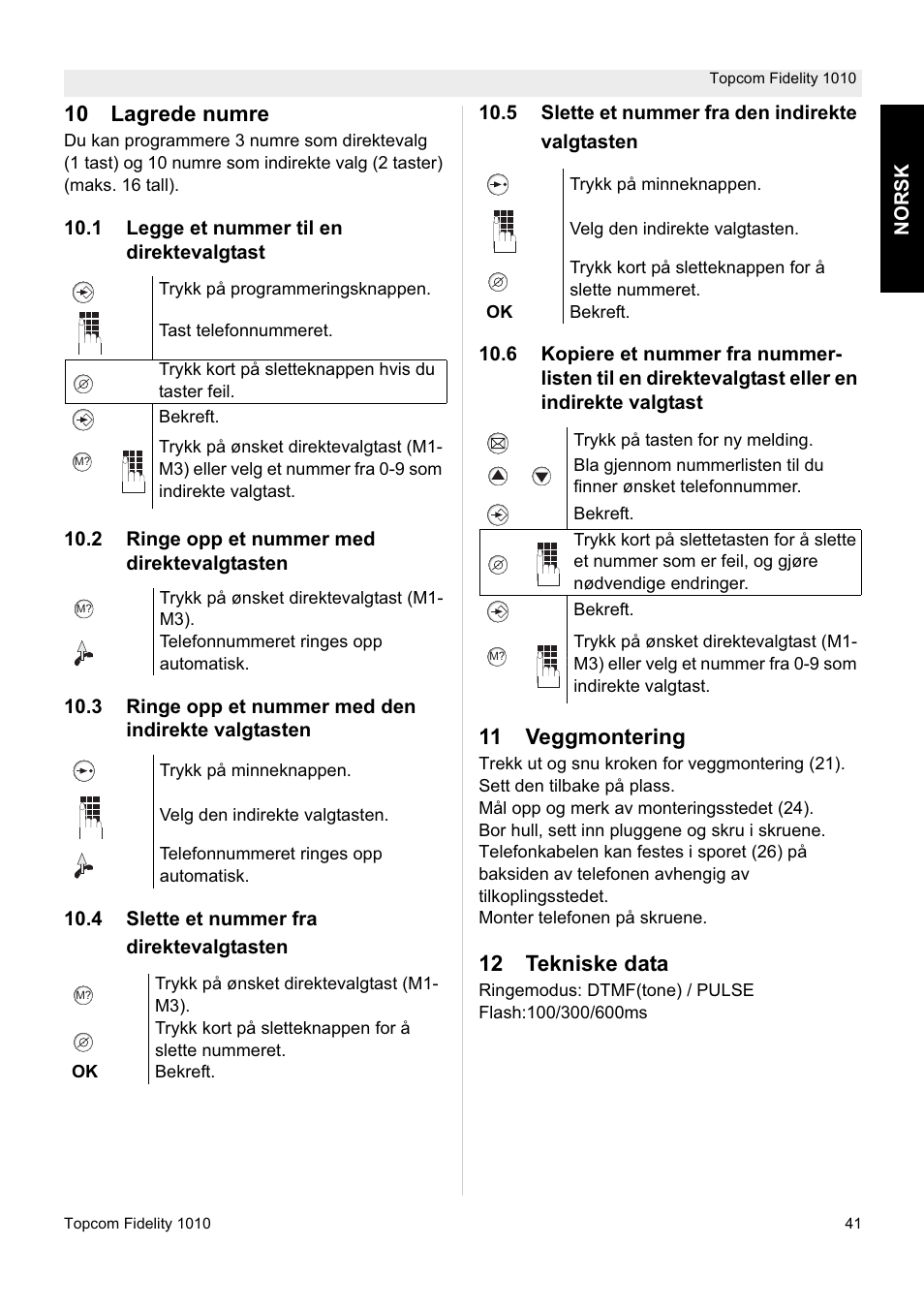 10 lagrede numre, 11 veggmontering, 12 tekniske data | Topcom FIDELITY 1010 User Manual | Page 41 / 108