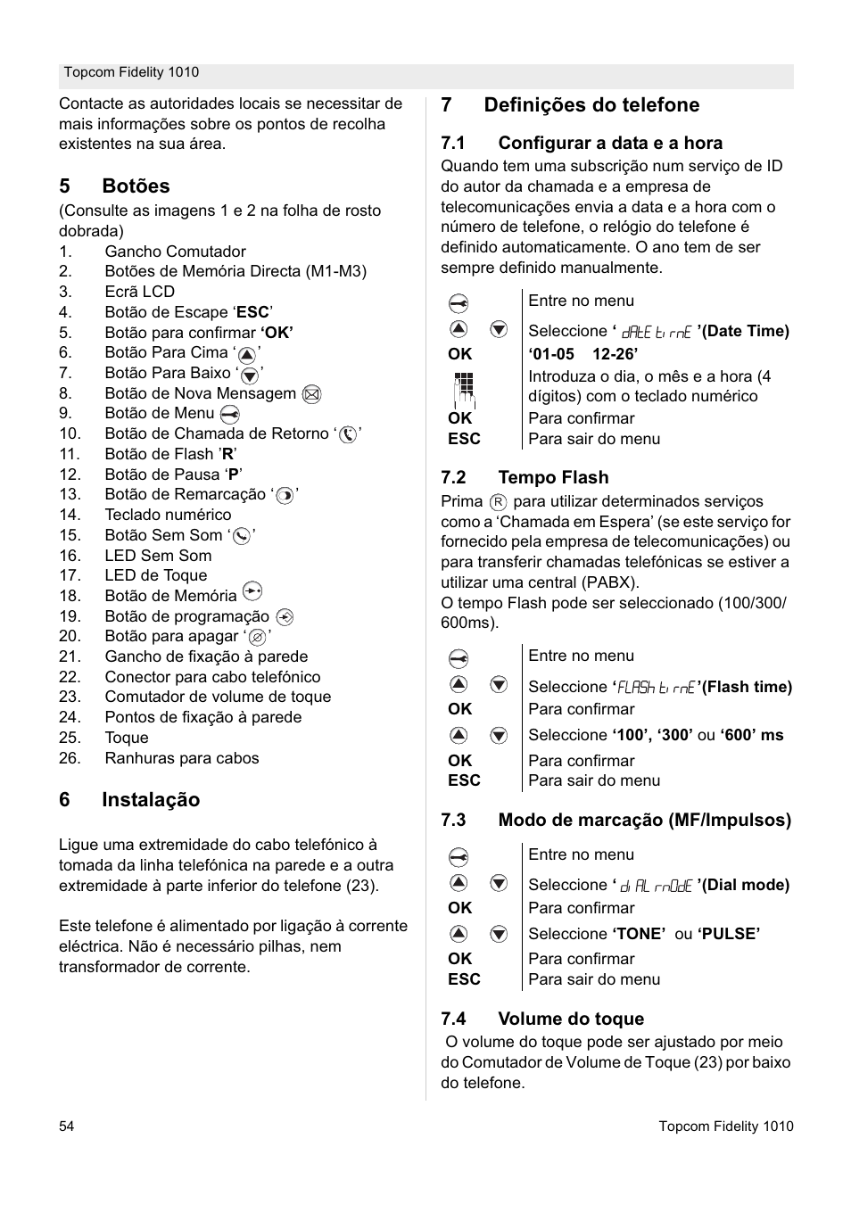 5botões, 6instalação, 7definições do telefone | Topcom FIDELITY 1010 User Manual | Page 54 / 108