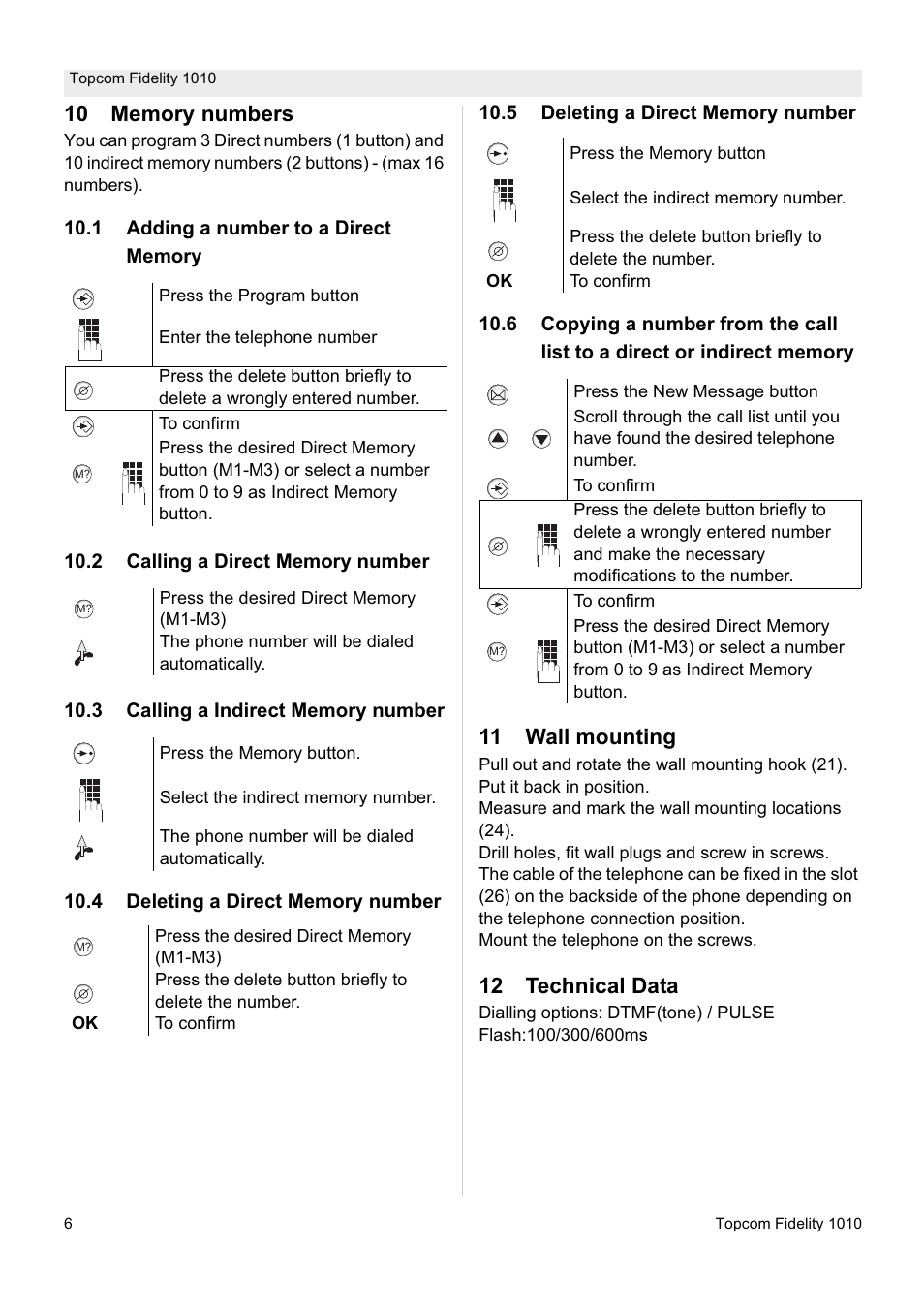 11 wall mounting, 12 technical data | Topcom FIDELITY 1010 User Manual | Page 6 / 108