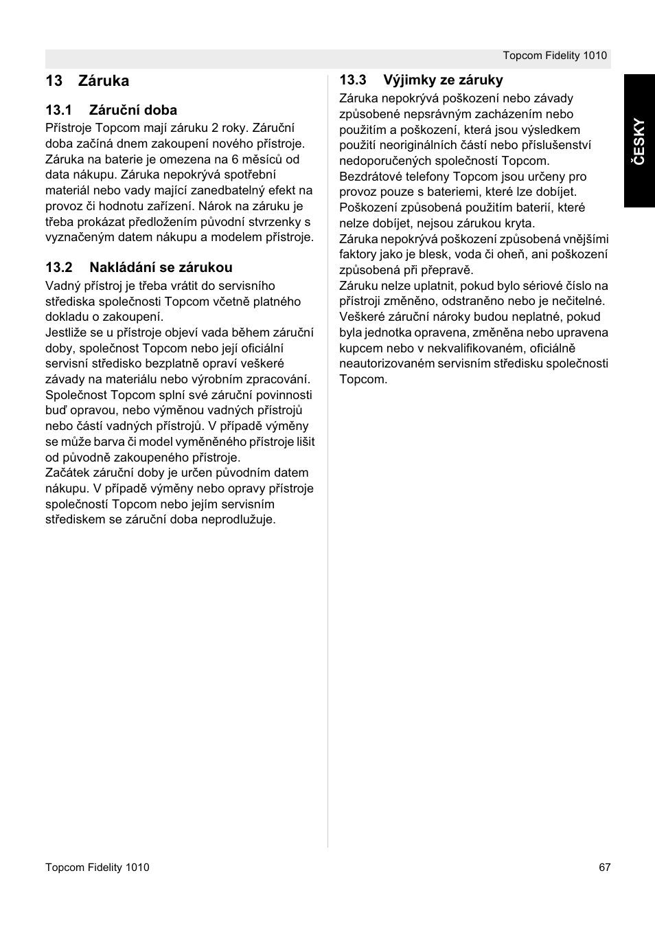 13 záruka | Topcom FIDELITY 1010 User Manual | Page 67 / 108