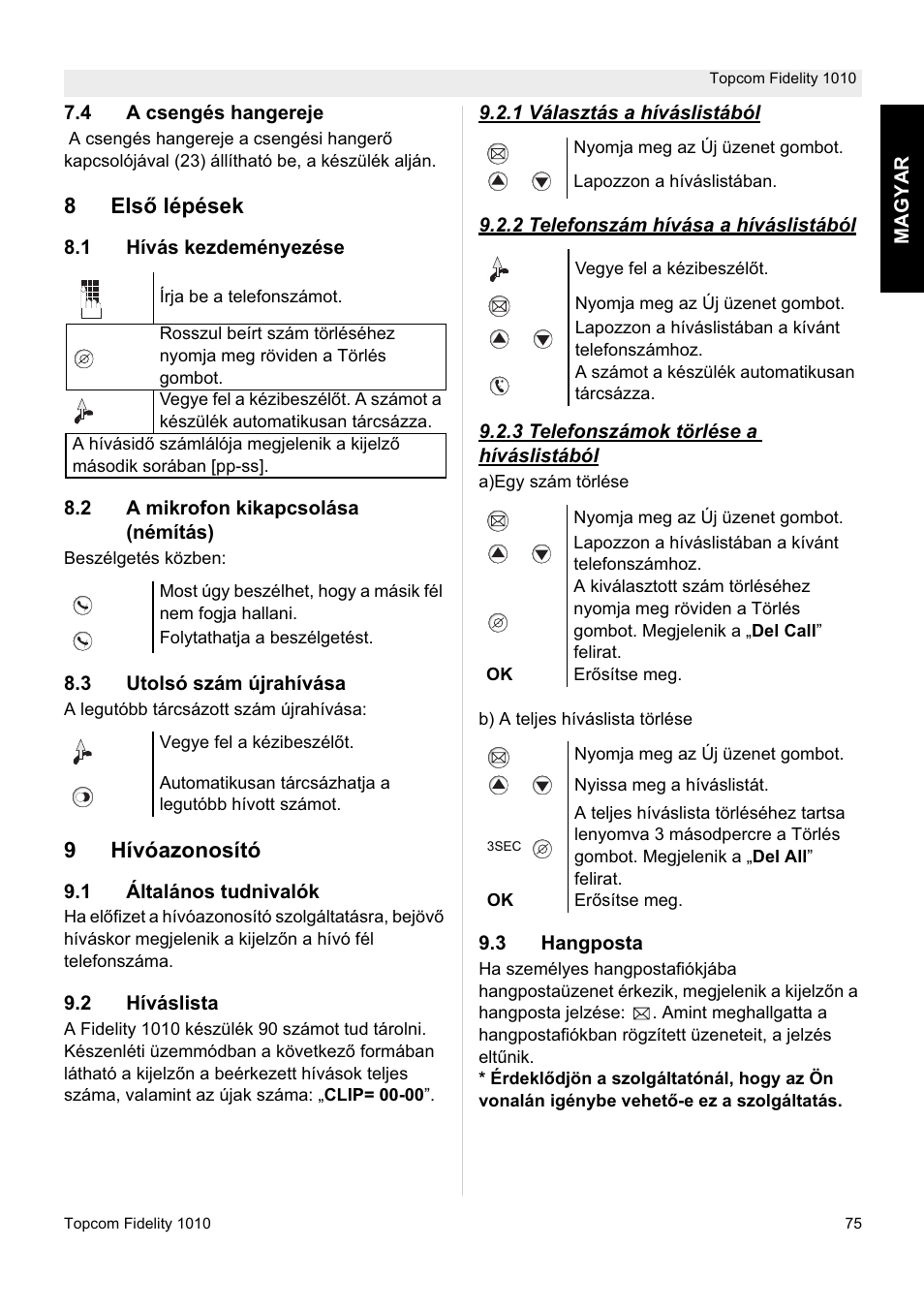 8els ę lépések, 9hívóazonosító | Topcom FIDELITY 1010 User Manual | Page 75 / 108