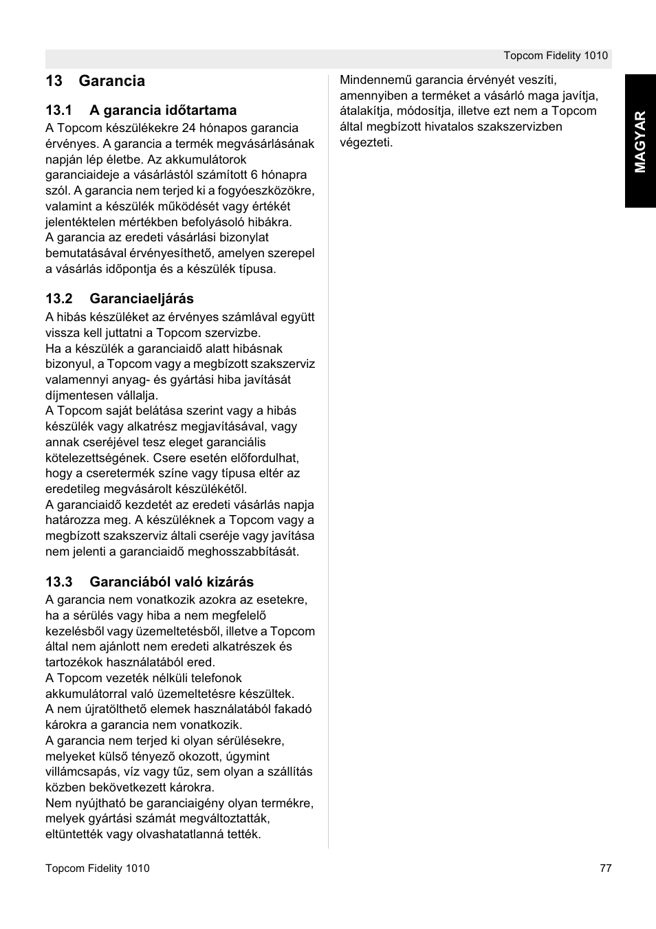 13 garancia | Topcom FIDELITY 1010 User Manual | Page 77 / 108