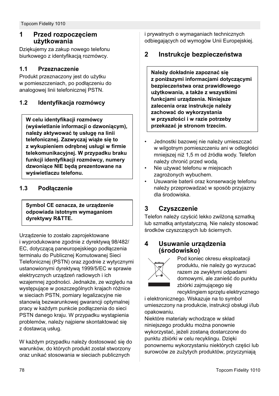 1przed rozpocz ċciem u īytkowania, 2instrukcje bezpiecze ĕstwa, 3czyszczenie | 4usuwanie urz ądzenia ( ğrodowisko) | Topcom FIDELITY 1010 User Manual | Page 78 / 108