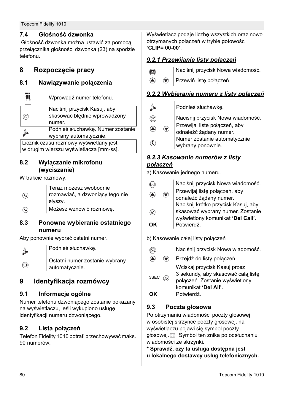 8rozpocz ċcie pracy, 9identyfikacja rozmówcy | Topcom FIDELITY 1010 User Manual | Page 80 / 108