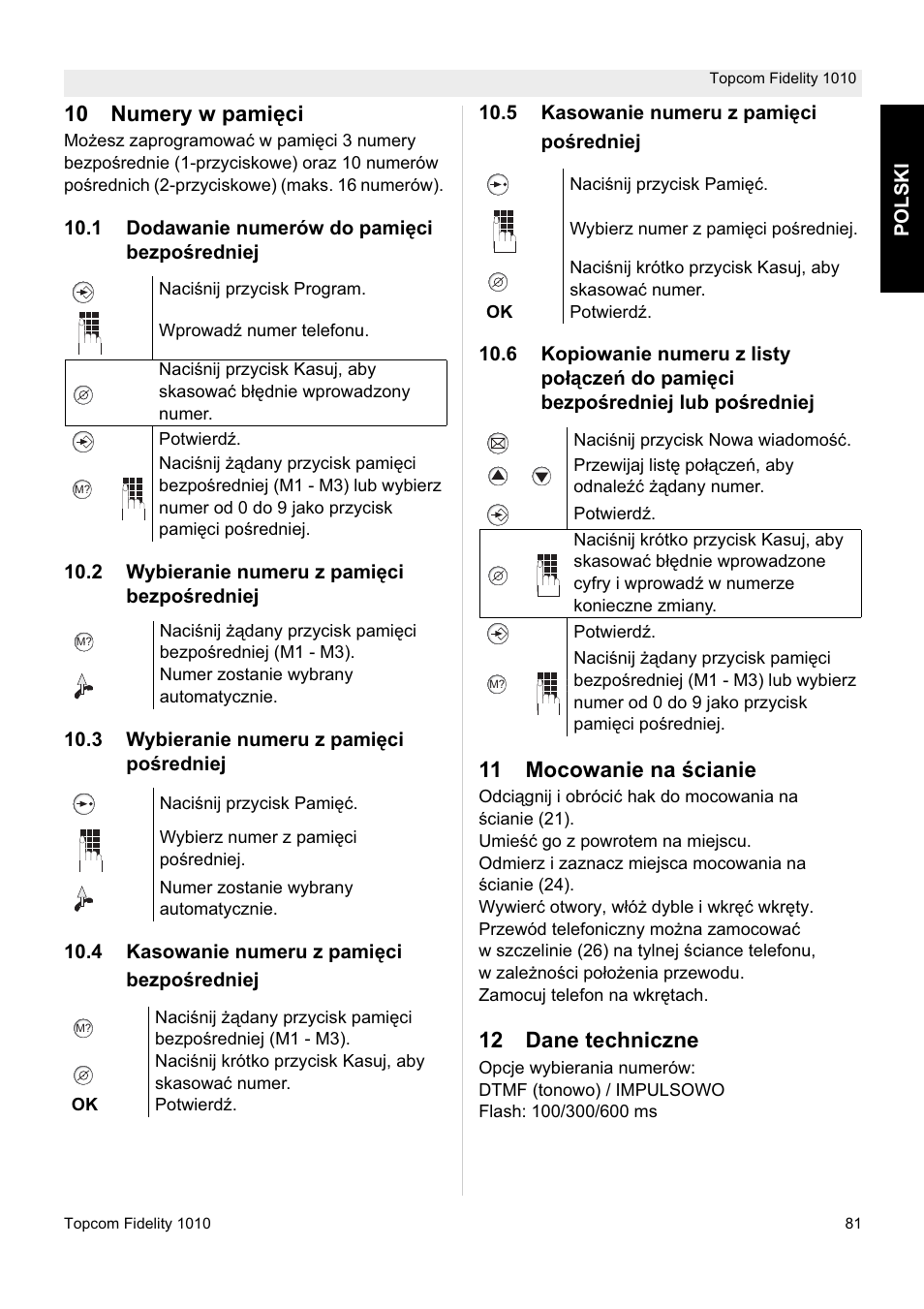 10 numery w pami ċci, 11 mocowanie na ğcianie, 12 dane techniczne | Topcom FIDELITY 1010 User Manual | Page 81 / 108