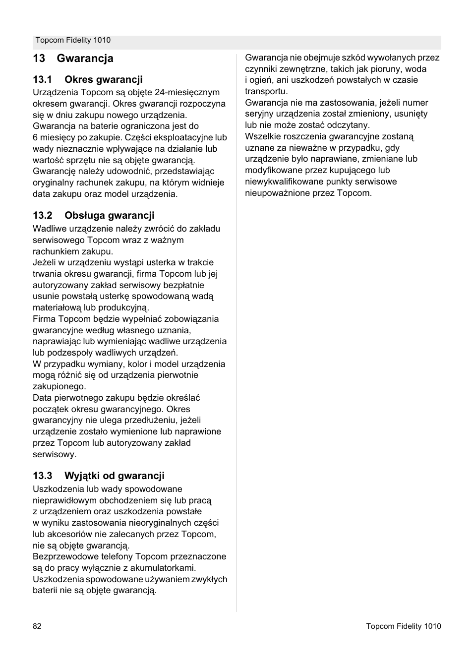 13 gwarancja | Topcom FIDELITY 1010 User Manual | Page 82 / 108