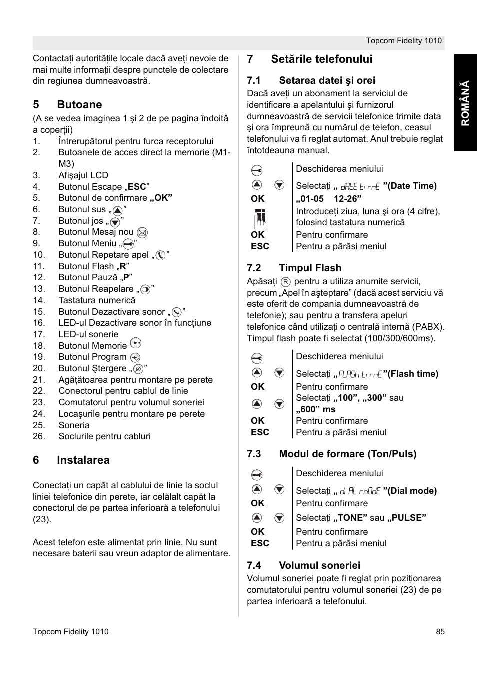 5butoane, 6instalarea, 7set ările telefonului | Topcom FIDELITY 1010 User Manual | Page 85 / 108