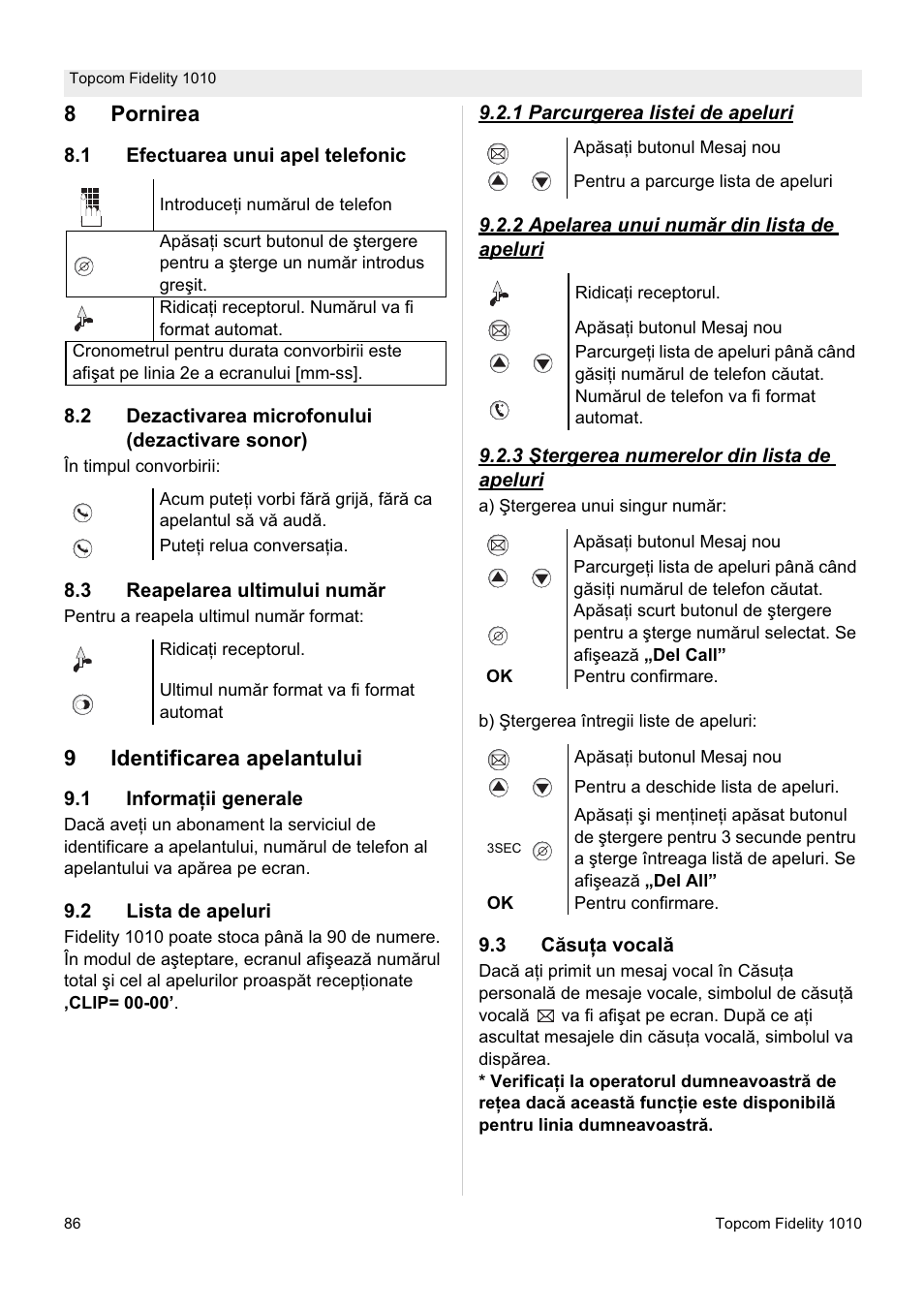 8pornirea, 9identificarea apelantului | Topcom FIDELITY 1010 User Manual | Page 86 / 108