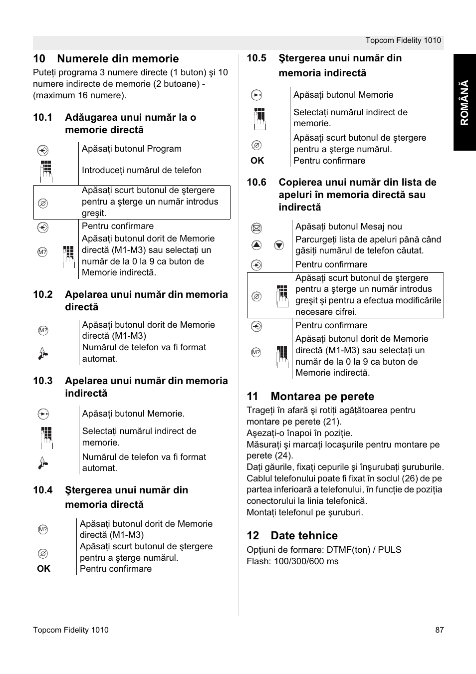 11 montarea pe perete, 12 date tehnice | Topcom FIDELITY 1010 User Manual | Page 87 / 108