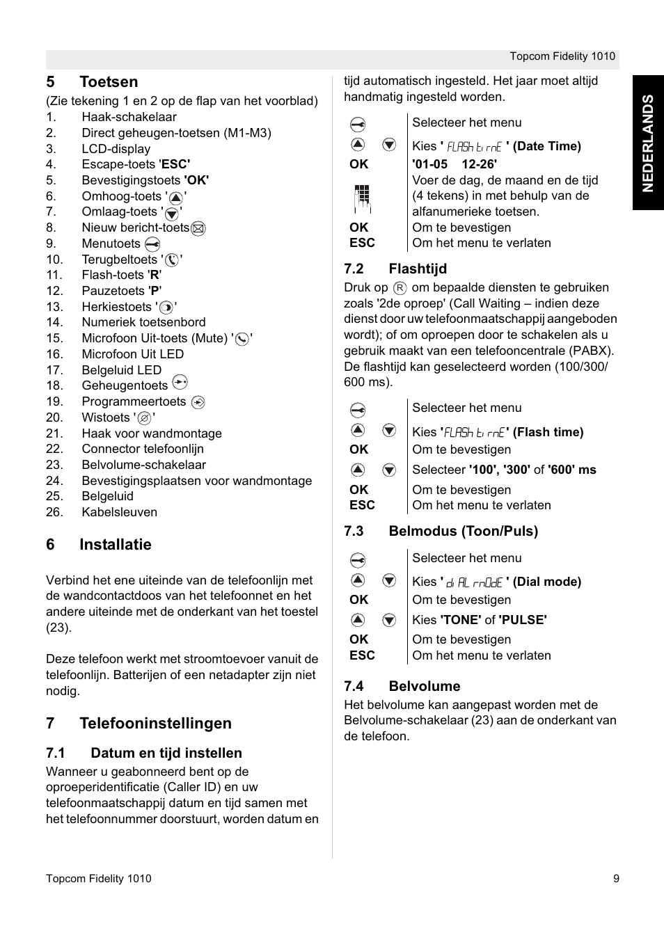 5toetsen, 6installatie, 7telefooninstellingen | Topcom FIDELITY 1010 User Manual | Page 9 / 108