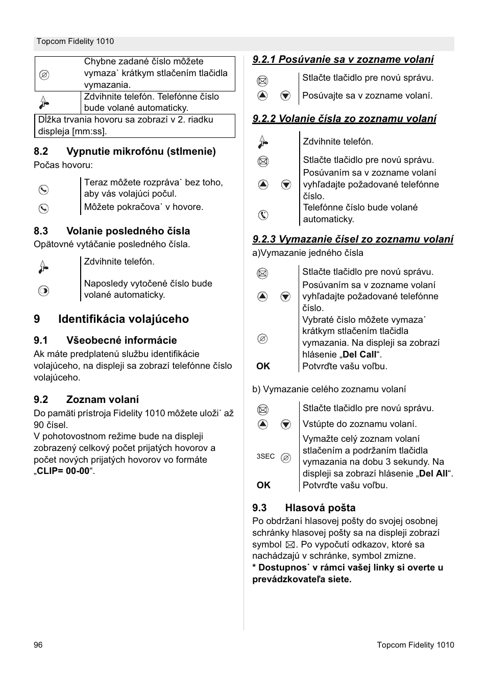 9identifikácia volajúceho | Topcom FIDELITY 1010 User Manual | Page 96 / 108