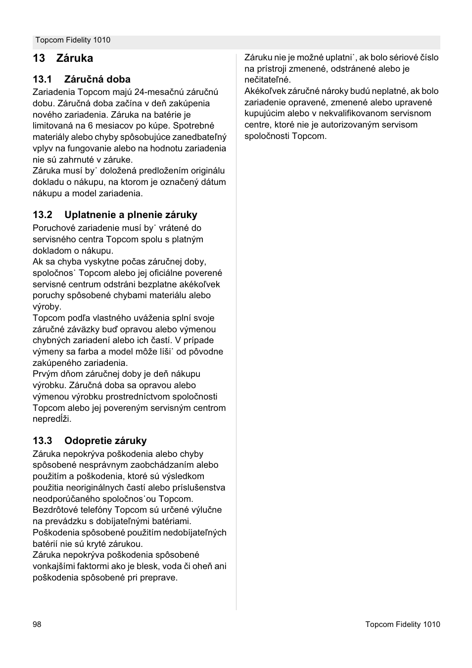 13 záruka | Topcom FIDELITY 1010 User Manual | Page 98 / 108