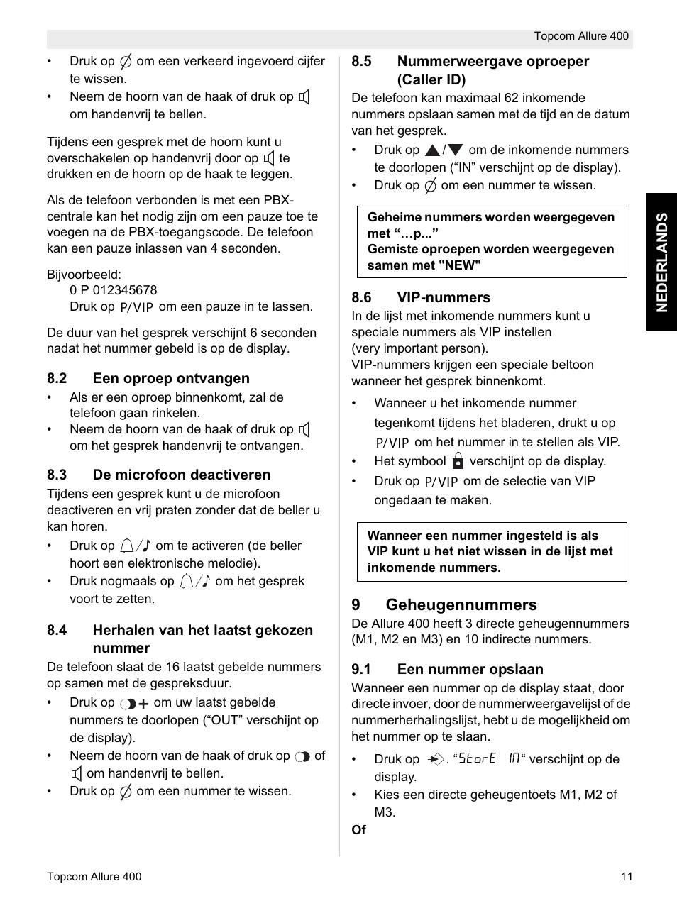 9geheugennummers | Topcom Allure 400 User Manual | Page 11 / 80