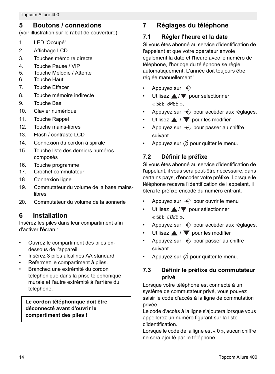 5boutons / connexions, 6installation, 7réglages du téléphone | Topcom Allure 400 User Manual | Page 14 / 80