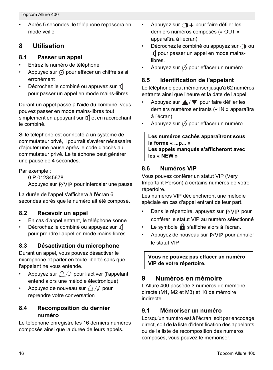 8utilisation, 9numéros en mémoire | Topcom Allure 400 User Manual | Page 16 / 80