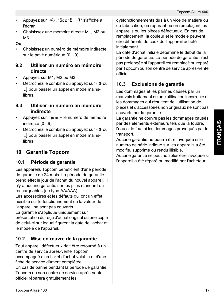 10 garantie topcom | Topcom Allure 400 User Manual | Page 17 / 80